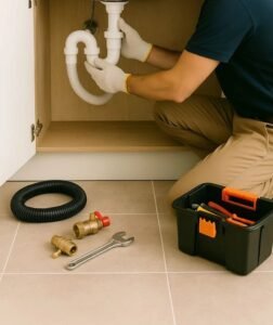 Loodgieter onder een keukenkastje die een sifon en afvoerleidingen controleert, met gereedschap en onderdelen op de vloer, passend bij onderhoud door een loodgieter Breda.