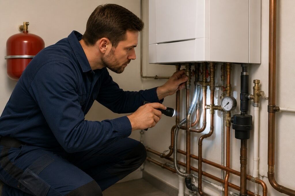 Loodgieter controleert leidingen, waterdruk en aansluitingen van een cv installatie tijdens professioneel onderhoud door loodgieter Dordrecht.