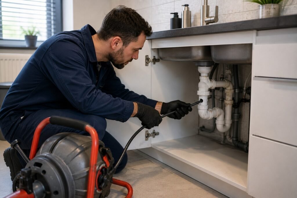 Monteur voert professioneel afvoeronderhoud uit onder een gootsteen tijdens een Loodgieter Dordrecht service.