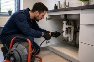 Monteur voert professioneel afvoeronderhoud uit onder een gootsteen tijdens een Loodgieter Dordrecht service.
