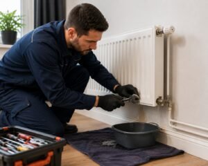 Professionele loodgieter Dordrecht herstelt een lekkende radiator en controleert de aansluiting zorgvuldig.