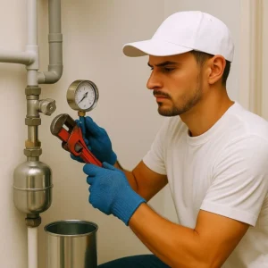 Loodgieter controleert waterdruk en leidingwerk met een moersleutel en manometer tijdens onderhoud in een woning in Dordrecht.