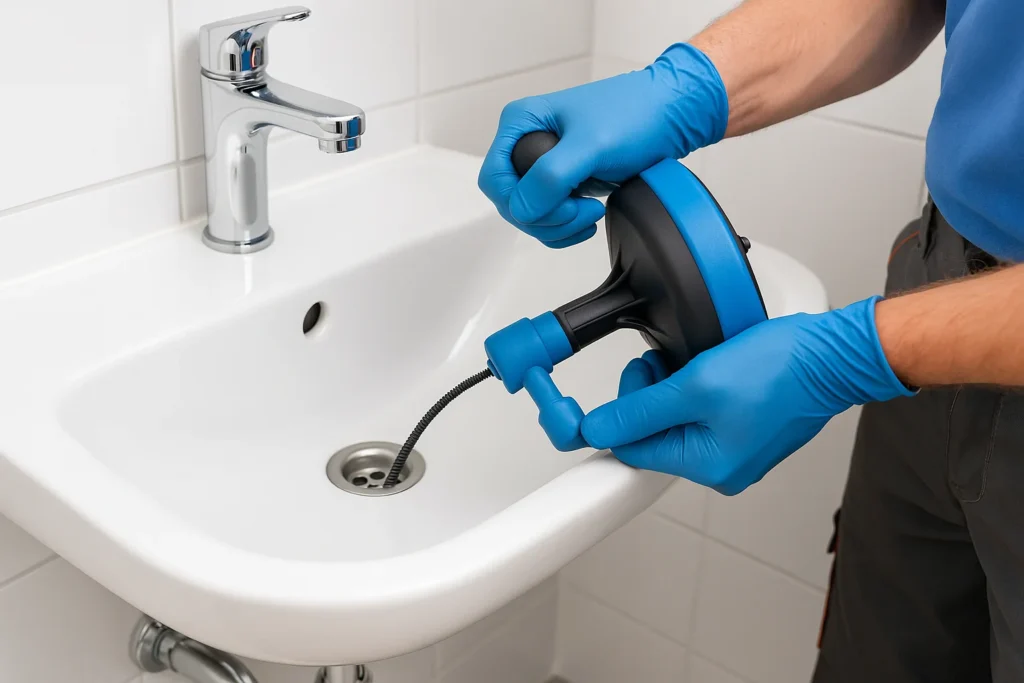 Loodgieter gebruikt een ontstoppingsveer om een verstopte wasbak te ontstoppen in de badkamer.
