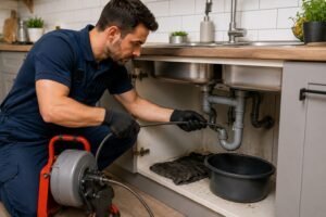 Loodgieter controleert een lekkende afvoer en sifon onder een wastafel tijdens professionele loodgieter Gorinchem service.