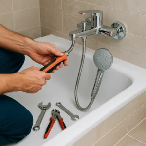 Loodgieter monteert een douchekraan in moderne badkamer.