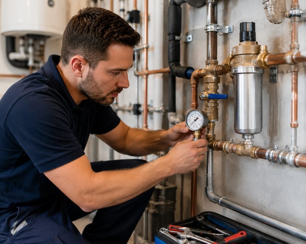 Loodgieter controleert waterdruk met een drukmeter bij leidingen en afsluiters in een technische ruimte.