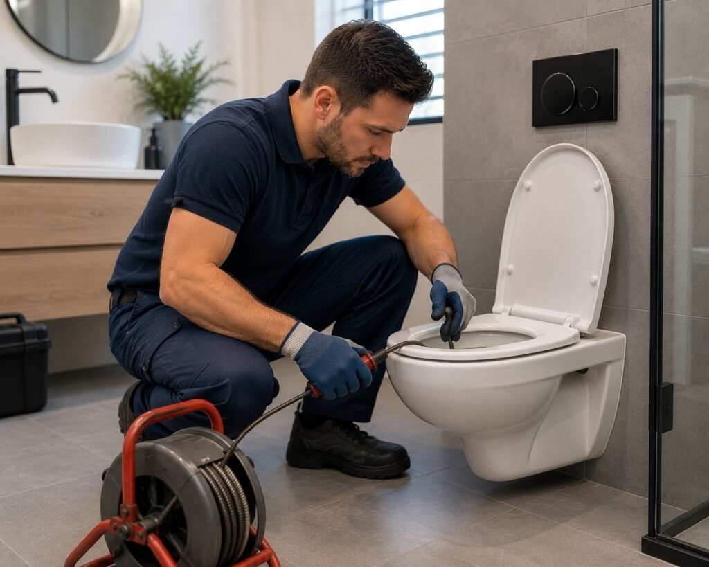 Professionele loodgieter Gorinchem verhelpt een verstopte wc met gespecialiseerd ontstoppingsgereedschap.
