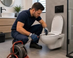 Professionele loodgieter Gorinchem verhelpt een verstopte wc met gespecialiseerd ontstoppingsgereedschap.