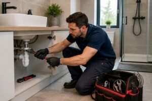 Lokale loodgieter voert professioneel onderhoud uit aan de leidingen onder een badkamerwastafel voor een veilige en betrouwbare waterinstallatie.