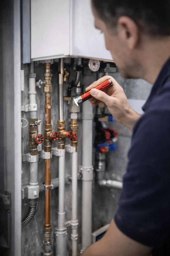 Loodgieter Gorinchem inspecteert een open cv-ketel en stelt een ventiel af, met gereedschap in de hand en leidingen zichtbaar onder de installatie.