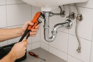 Loodgieter werkt aan sifon en afvoer onder een wastafel met professioneel gereedschap.