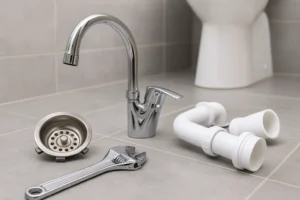 Gereedschap en onderdelen voor loodgieterswerk in een moderne badkamer.