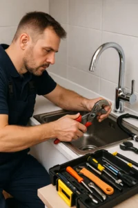 Loodgieter repareert een kraan met professioneel gereedschap in een moderne keuken.