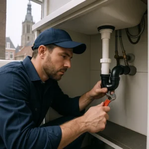 Close-up van een chromen keukenkraan met vallende waterdruppel, tegen beige tegels en zichtbare leidingen.