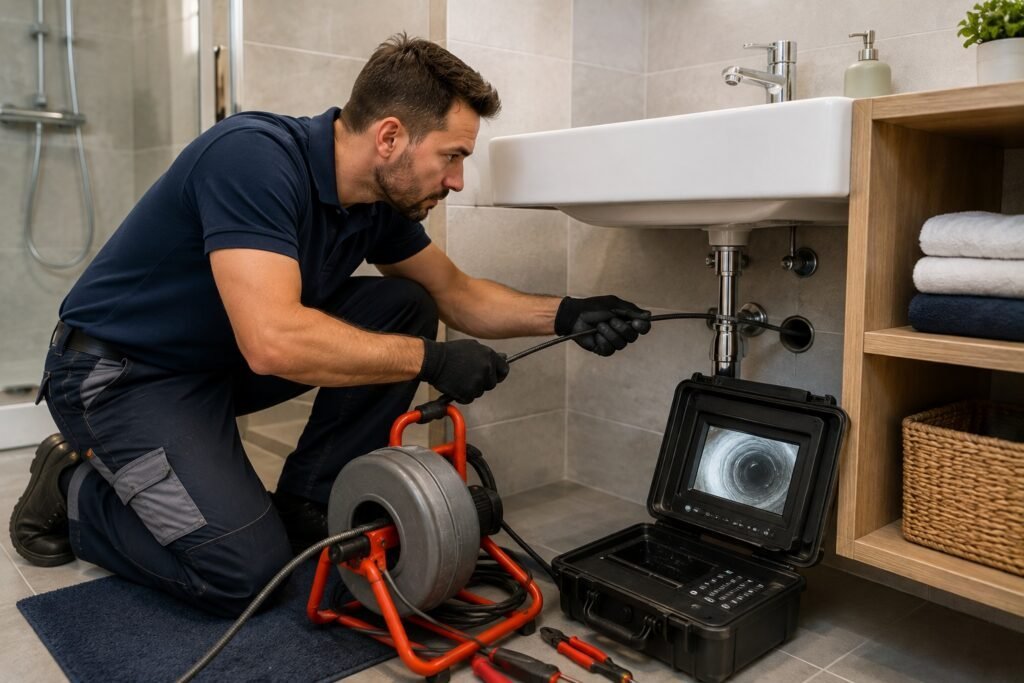 Professionele loodgieter ontstopt een verstopte douchegoot met een ontstoppingsmachine in een moderne badkamer in Gorinchem.