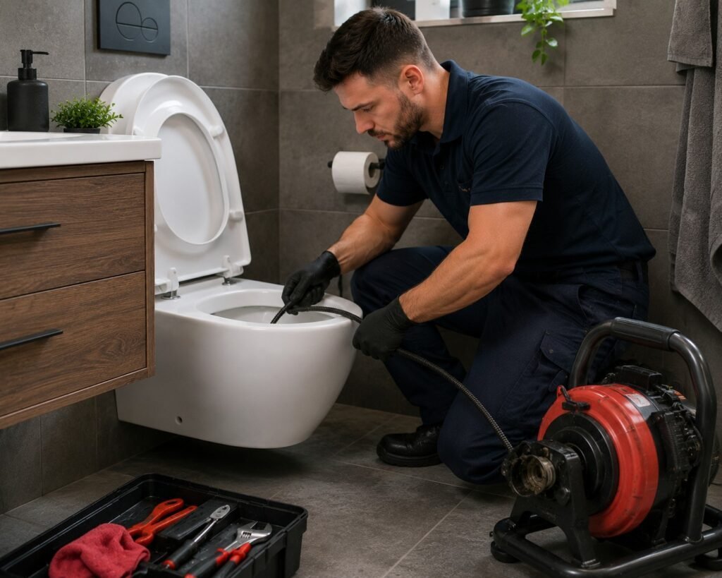 Loodgieter ontstopt een keukenafvoer onder de gootsteen met professionele ontstoppingsapparatuur in een moderne keuken.