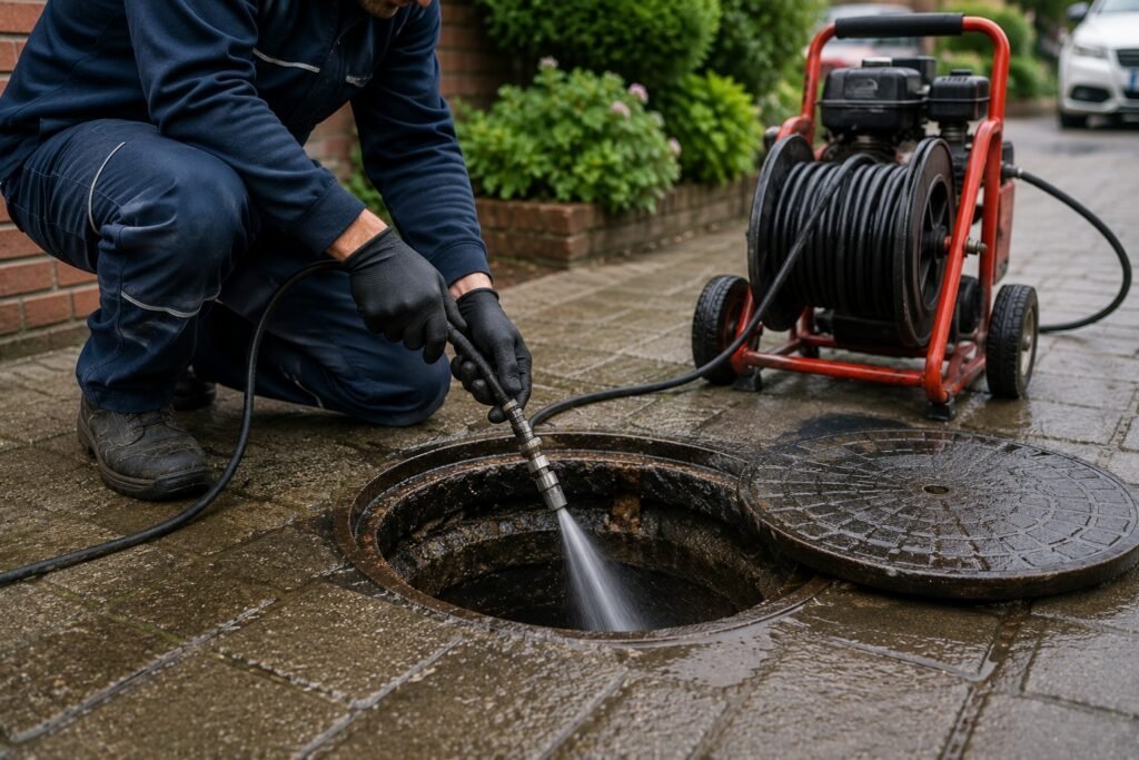 Monteur ontstopt een rioolleiding met professionele hogedrukapparatuur in Gorinchem.