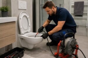 Loodgieter ontstopt een verstopte wc in een moderne badkamer met professionele ontstoppingsapparatuur.