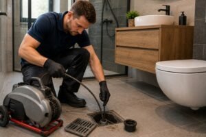 Loodgieter verwijdert een hardnekkige rioolverstopping met professionele ontstoppingsapparatuur in een moderne badkamer.