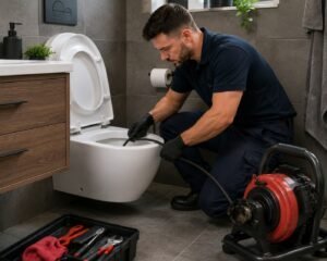 Loodgieter ontstopt een keukenafvoer onder de gootsteen met professionele ontstoppingsapparatuur in een moderne keuken.