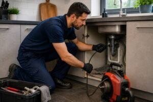 Vakman voert riool ontstoppen Gorinchem uit met professionele apparatuur bij een verstopte keukenafvoer.