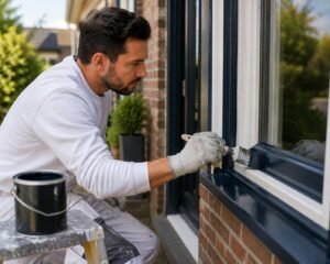 Schilder Breda schildert een houten buitenkozijn zorgvuldig met hoogwaardige buitenverf om het hout duurzaam te beschermen tegen vocht en houtrot.
