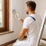 Schilder verft zorgvuldig een muur bij een raam in een modern interieur.