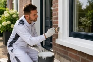 Schilder reinigt en controleert een wit kozijn om schilderwerk langer mooi te houden in Breda.