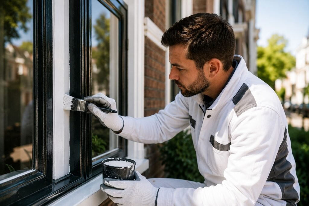 Professionele schilder Breda brengt een beschermende verflaag aan op houten kozijnen van een woning.