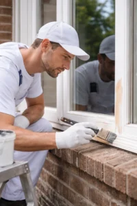 Verfmaterialen en ladder in een moderne woonkamer met neutrale kleuren en warm licht