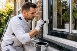 Professionele schilder Breda brengt een beschermende verflaag aan op houten kozijnen van een woning.