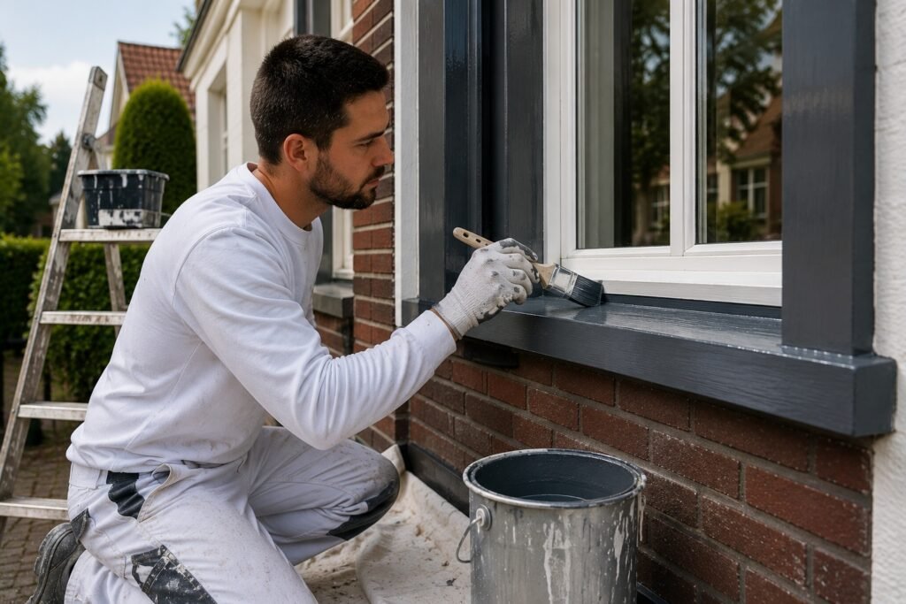 Professionele schilder brengt beschermende verf aan op houten kozijnen tijdens schilder Breda gevelonderhoud.