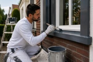 Professionele schilder brengt beschermende verf aan op houten kozijnen tijdens schilder Breda gevelonderhoud.