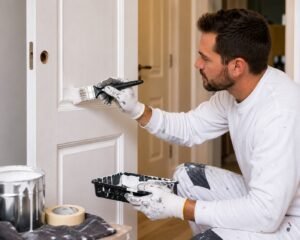 Schilder lakt een witte binnendeur zorgvuldig af tijdens schilderwerk in Breda.