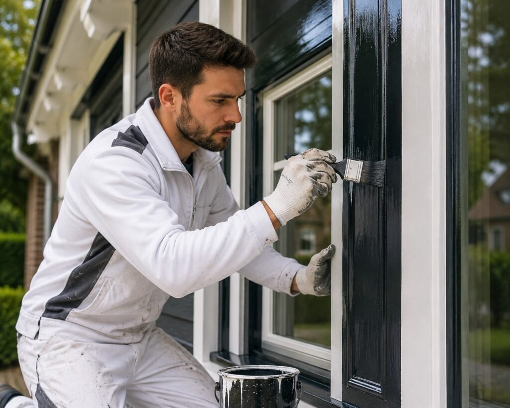 Schilder brengt beschermende buitenverf aan op houten kozijnen van een woning.