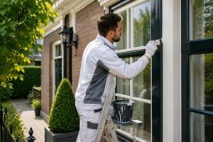 Schilder brengt buitenverf aan op houten kozijnen van een woning om het hout langdurig te beschermen tegen weersinvloeden.