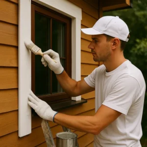 Schilder brengt zorgvuldig een nieuwe verflaag aan op houten kozijnen van een woning, met handschoenen en ladder, passend bij professioneel schilderwerk in Breda voor bescherming van hout.