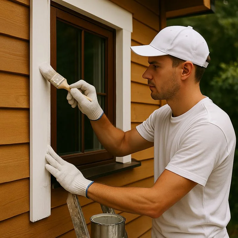 Schilder brengt zorgvuldig een nieuwe verflaag aan op houten kozijnen van een woning, met handschoenen en ladder, passend bij professioneel schilderwerk in Breda voor bescherming van hout.
