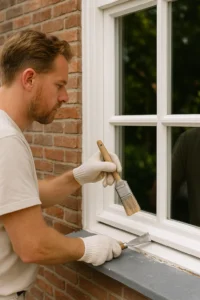 Schilder werkt aan buitenkozijn van woning in Dordrecht.