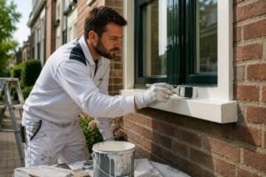 Schilder Dordrecht brengt zorgvuldig primer aan op een binnenmuur als voorbereiding op duurzaam en strak schilderwerk.