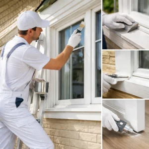 Professionele schilder brengt een nieuwe laag witte verf aan op houten kozijn van een woning, buiten op een zonnige dag.