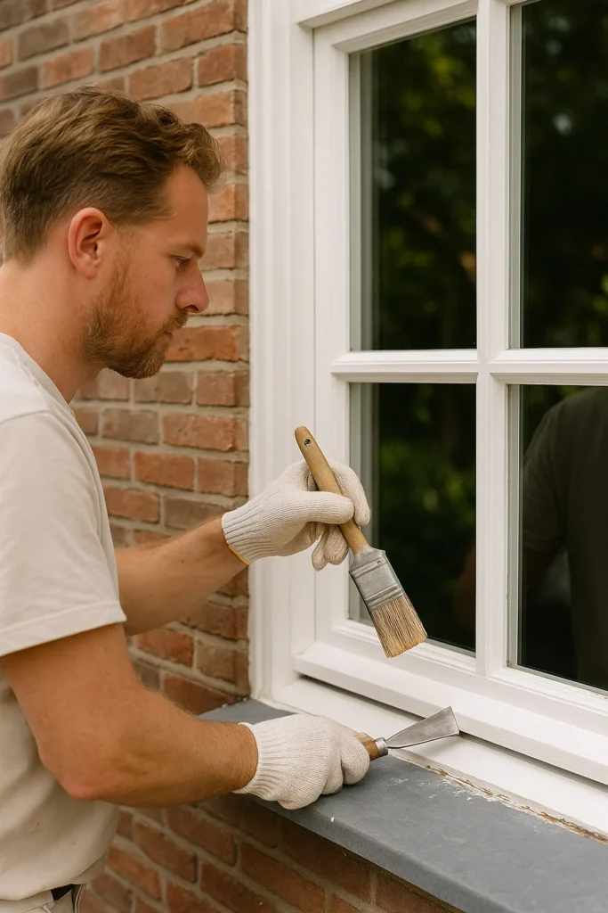 Schilder werkt aan buitenkozijn van woning in Dordrecht.