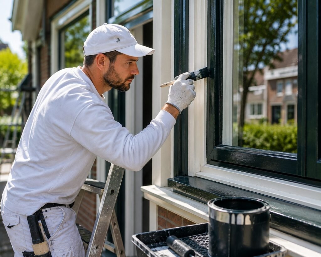 Schilder bereidt een muur professioneel voor door beschadigingen te schuren en egaliseren voor een strak schilderresultaat.