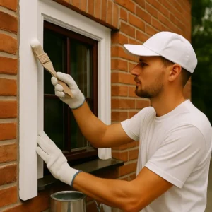 Schilder werkt aan het schilderen van een houten kozijn van een woning, met handschoenen en een kwast, gefocust op duurzame bescherming van gevel en kozijnen in Dordrecht.