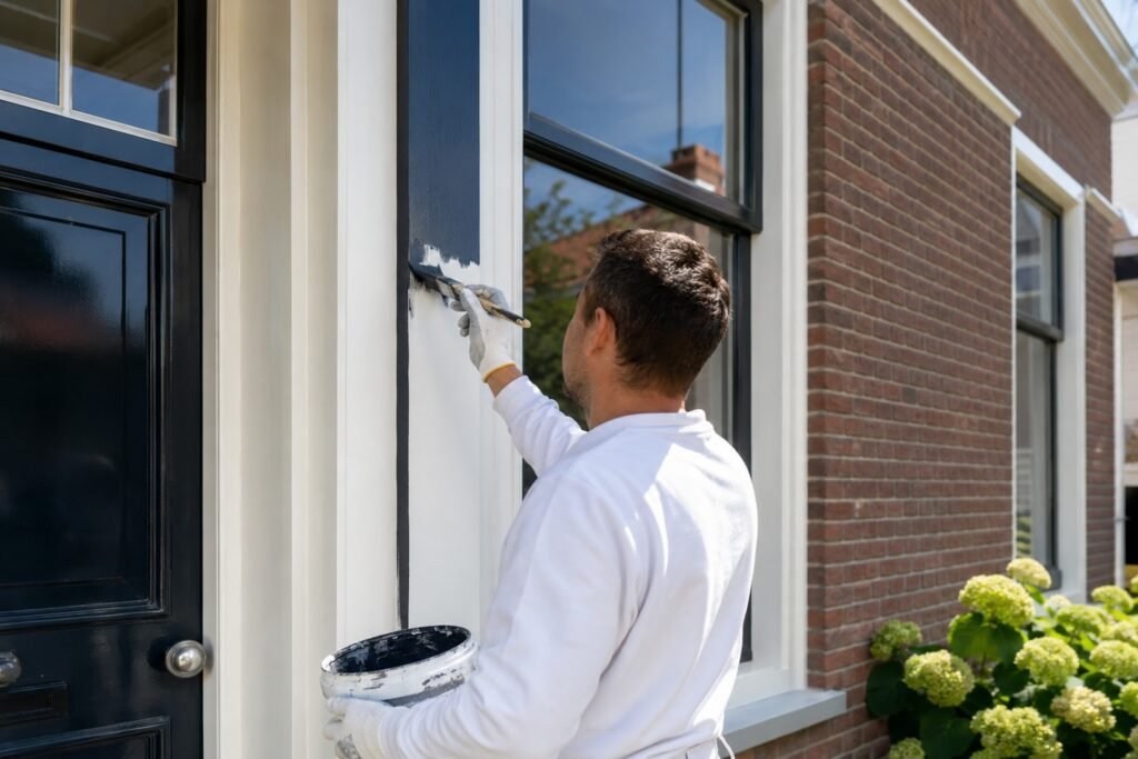Schilder brengt een nieuwe verflaag aan op de kozijnen van een woning tijdens schilderwerk in Dordrecht.