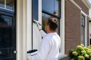 Schilder brengt een nieuwe verflaag aan op de kozijnen van een woning tijdens schilderwerk in Dordrecht.