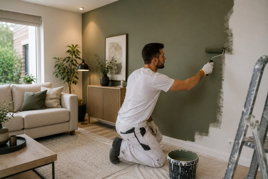Schilder brengt een frisse groene kleur aan op een woonkamerwand voor een moderne en verzorgde uitstraling.