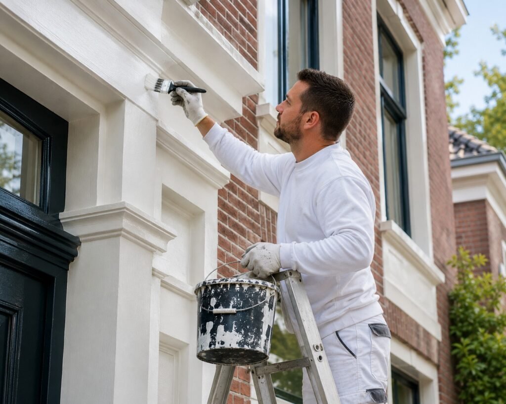Schilder brengt een beschermende verflaag aan op de gevel van een woning in Dordrecht.
