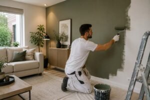Schilder brengt een frisse groene kleur aan op een woonkamerwand voor een moderne en verzorgde uitstraling.