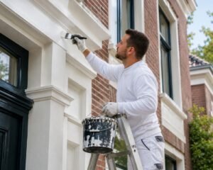 Schilder brengt een beschermende verflaag aan op de gevel van een woning in Dordrecht.